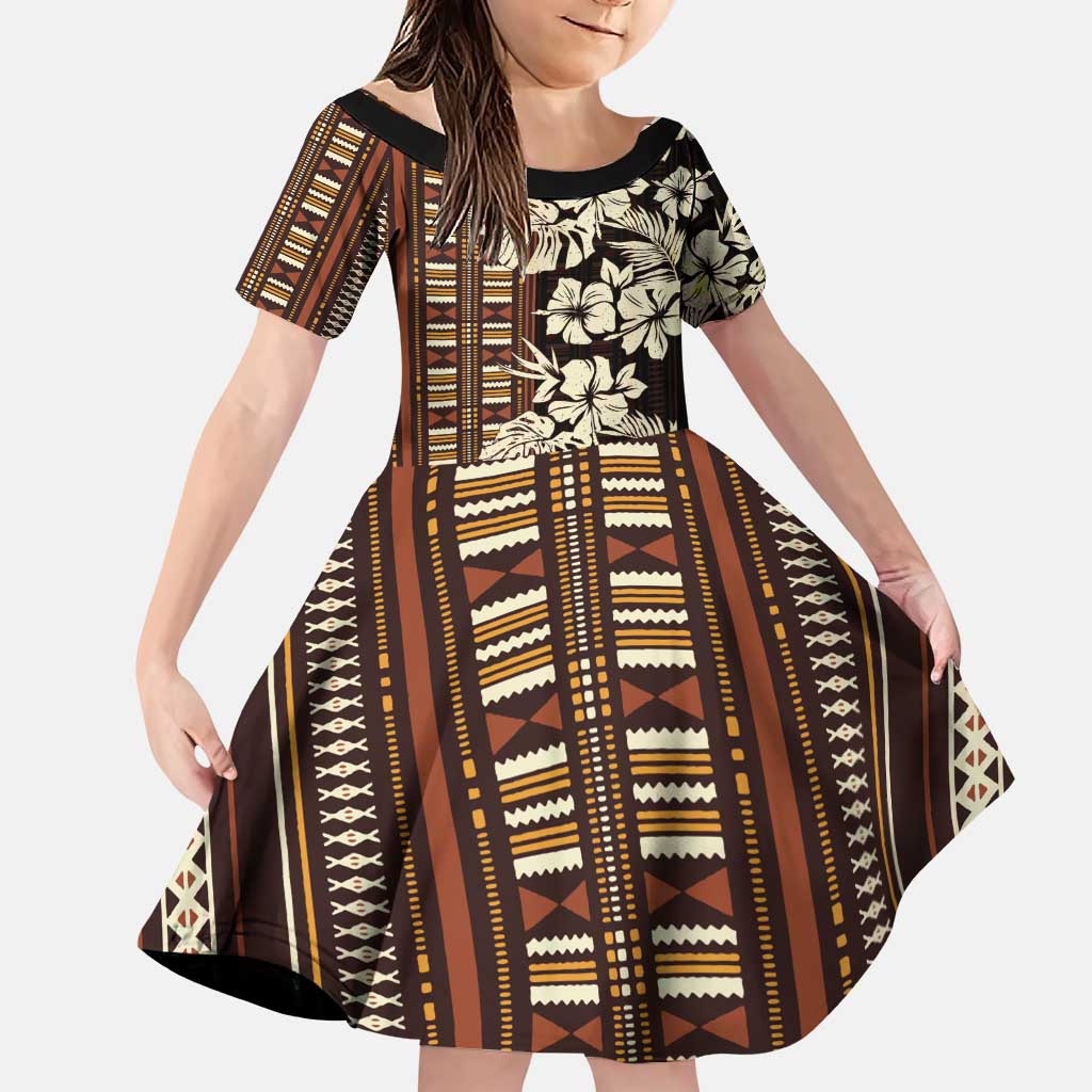 Bula Fiji Masi Family Matching Puletasi and Hawaiian Shirt Tapa Tropical Hibiscus Half Stylized LT14 Daughter's Dress Brown - Polynesian Pride