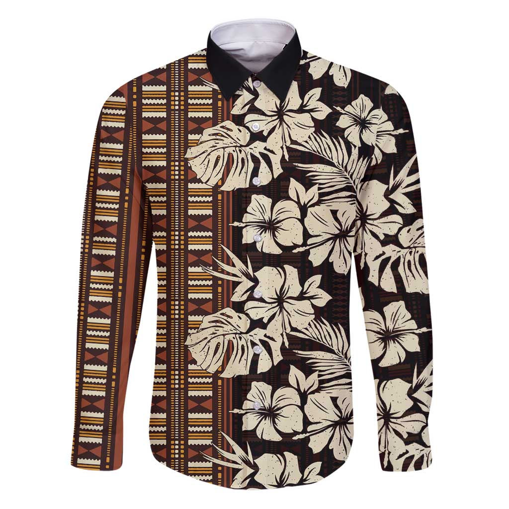 Bula Fiji Masi Family Matching Puletasi and Hawaiian Shirt Tapa Tropical Hibiscus Half Stylized LT14 Dad's Shirt - Long Sleeve Brown - Polynesian Pride