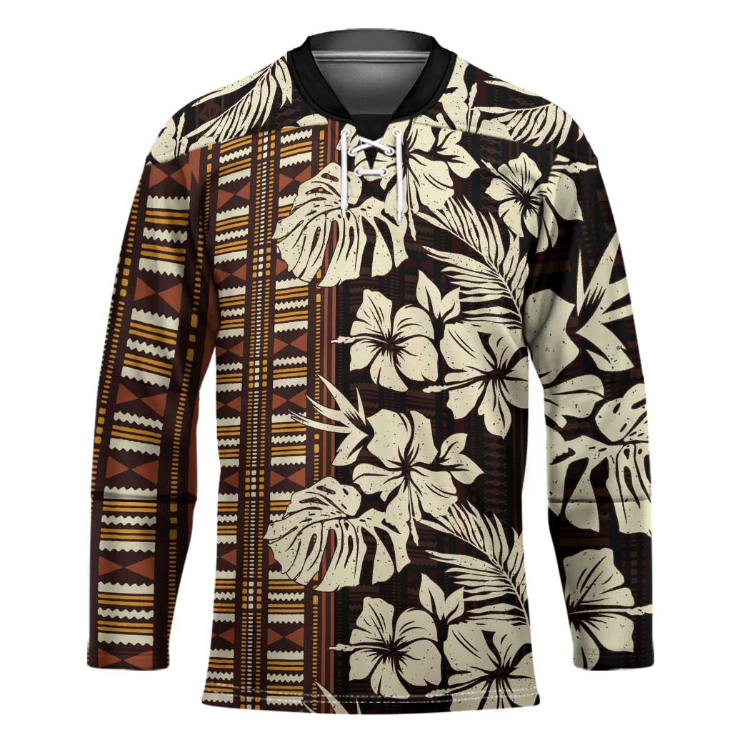 Bula Fiji Masi Hockey Jersey Tapa Tropical Hibiscus Half Stylized LT14 Unisex Brown - Polynesian Pride
