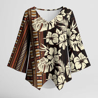 Bula Fiji Masi Kimono Sleeve Blouse Tapa Tropical Hibiscus Half Stylized LT14 Female Brown - Polynesian Pride