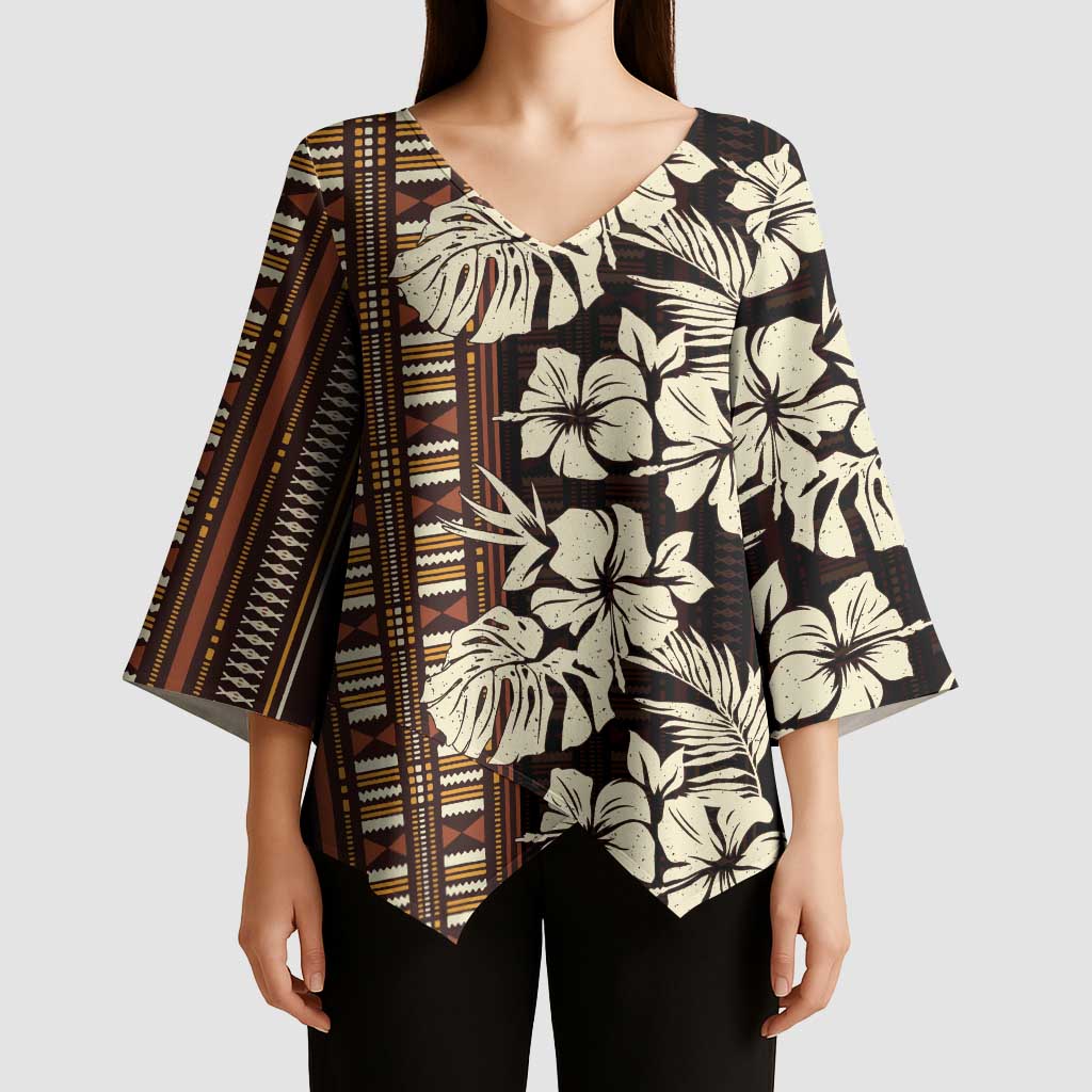 Bula Fiji Masi Kimono Sleeve Blouse Tapa Tropical Hibiscus Half Stylized LT14 - Polynesian Pride