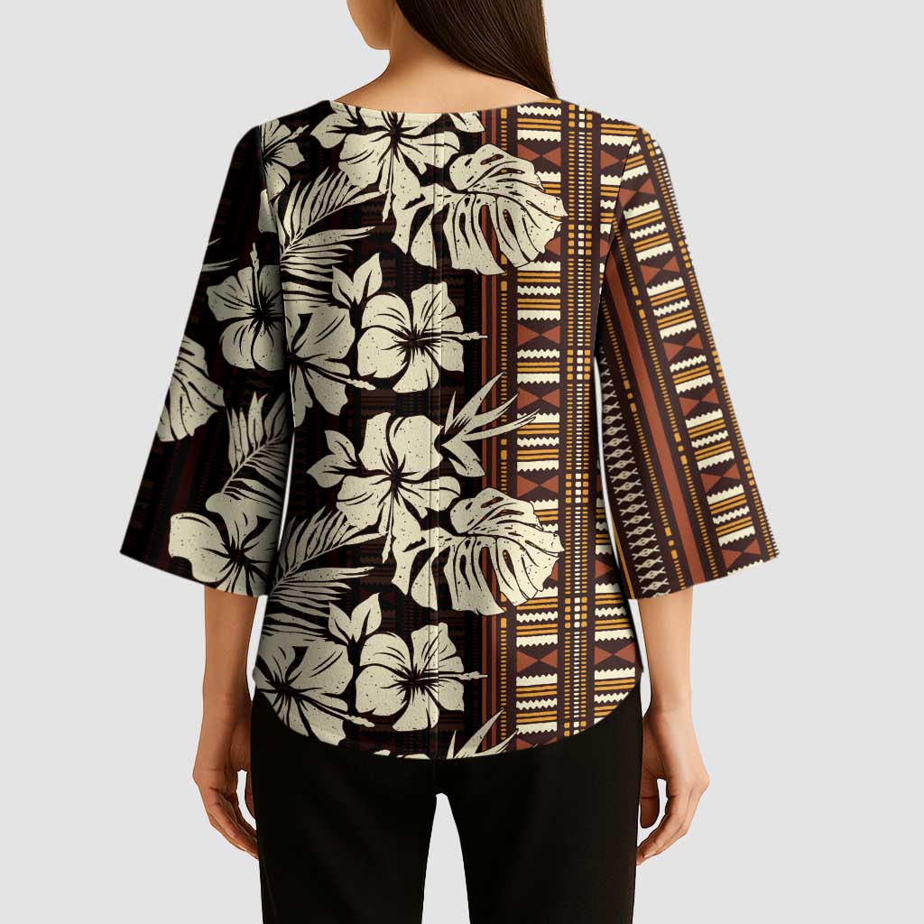 Bula Fiji Masi Kimono Sleeve Blouse Tapa Tropical Hibiscus Half Stylized LT14 - Polynesian Pride