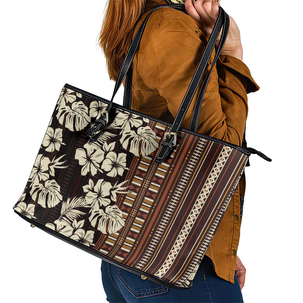 Bula Fiji Masi Leather Tote Bag Tapa Tropical Hibiscus Half Stylized LT14 - Polynesian Pride