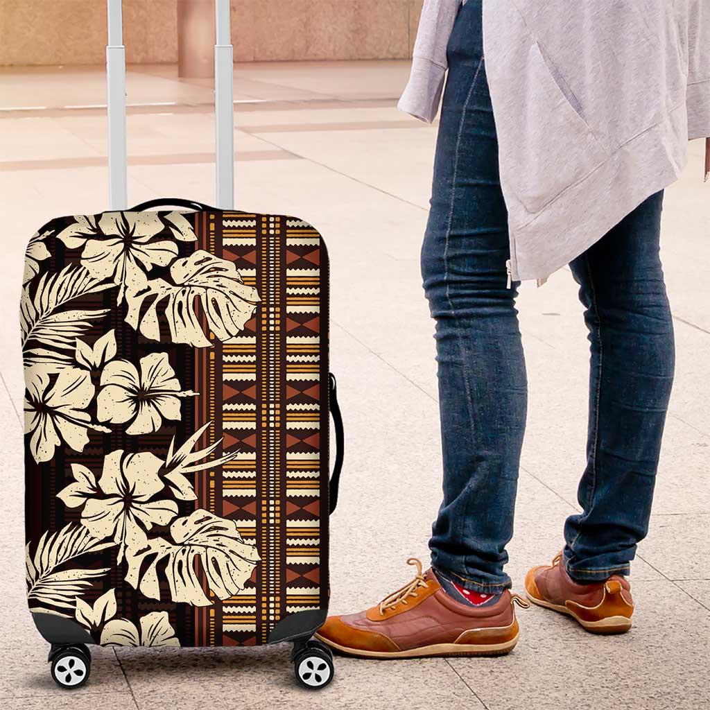 Bula Fiji Masi Luggage Cover Tapa Tropical Hibiscus Half Stylized LT14 Brown - Polynesian Pride