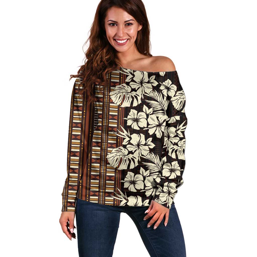 Bula Fiji Masi Off Shoulder Sweater Tapa Tropical Hibiscus Half Stylized LT14 Women Brown - Polynesian Pride