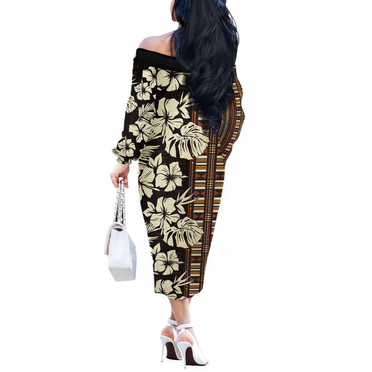 Bula Fiji Masi Off The Shoulder Long Sleeve Dress Tapa Tropical Hibiscus Half Stylized - Polynesian Pride