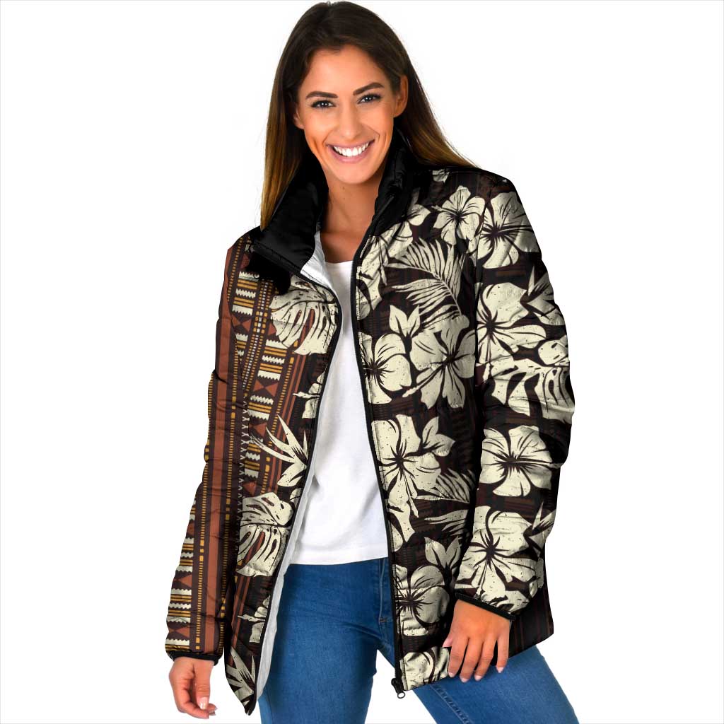 Bula Fiji Masi Padded Jacket Tapa Tropical Hibiscus Half Stylized LT14 Women Brown - Polynesian Pride