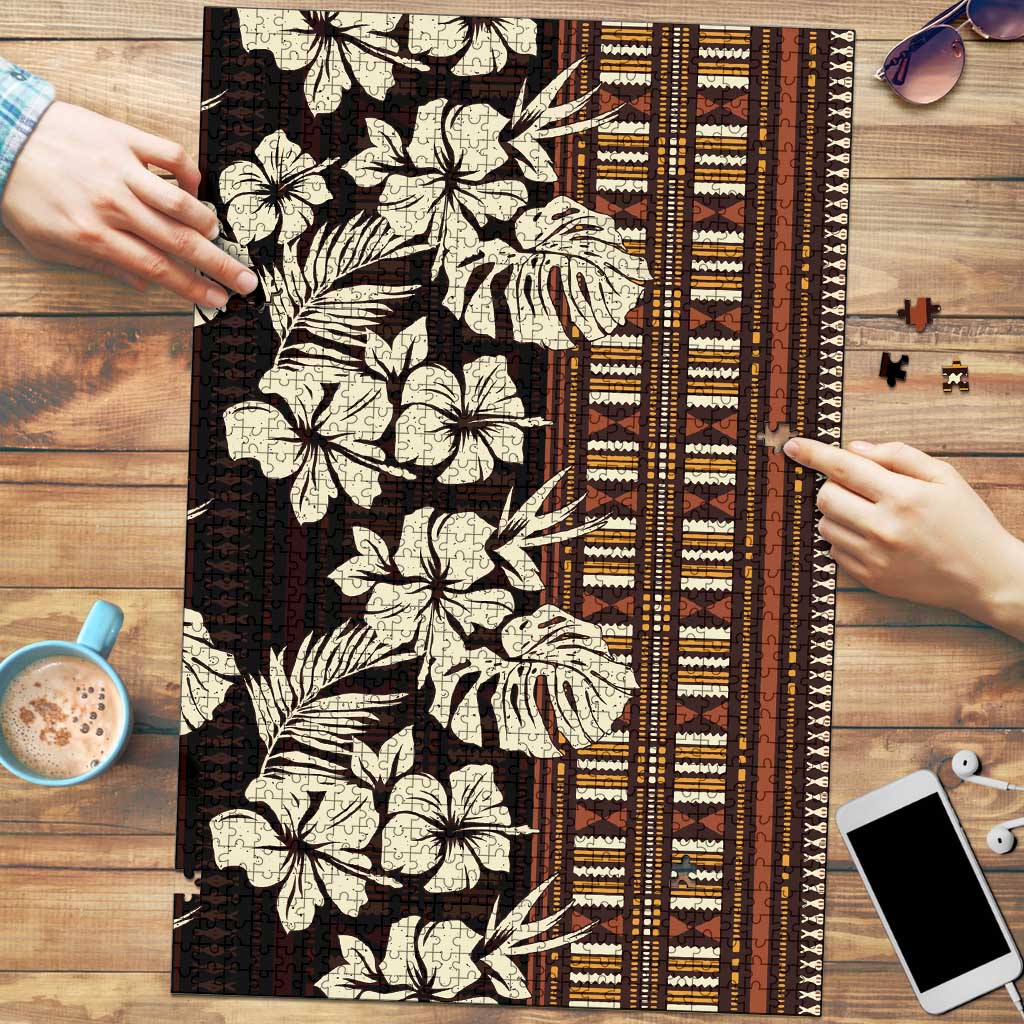 Bula Fiji Masi Puzzle Tapa Tropical Hibiscus Half Stylized LT14 Brown - Polynesian Pride