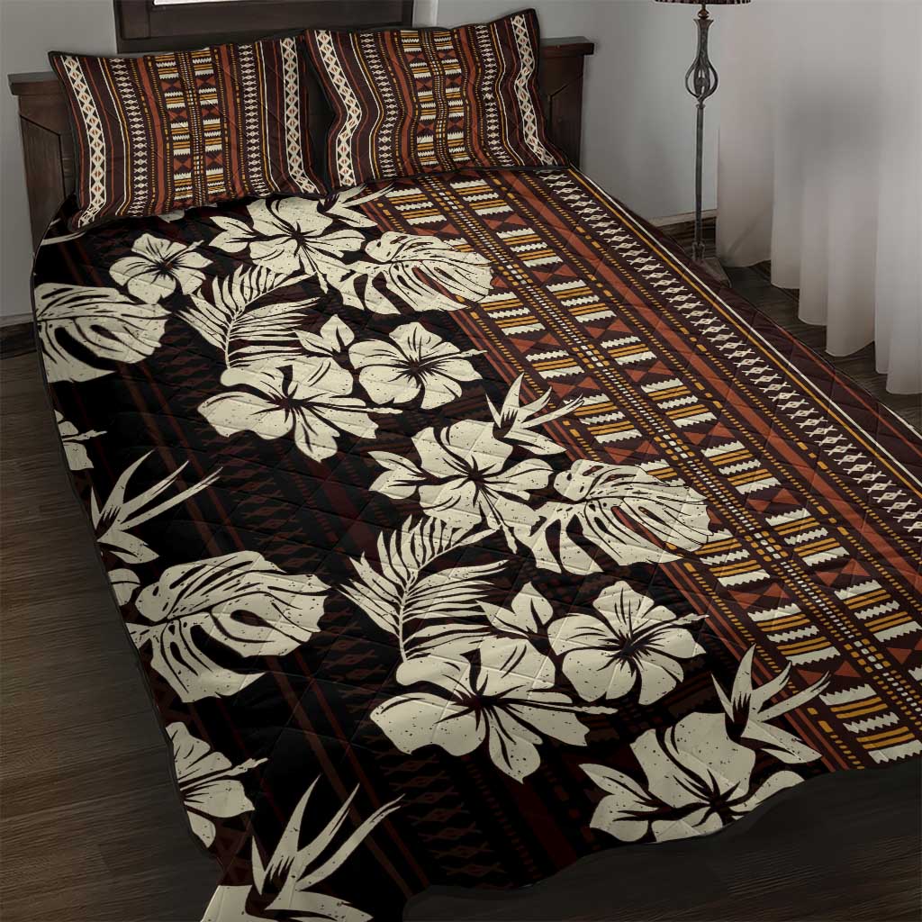 Bula Fiji Masi Quilt Bed Set Tapa Tropical Hibiscus Half Stylized LT14 Brown - Polynesian Pride