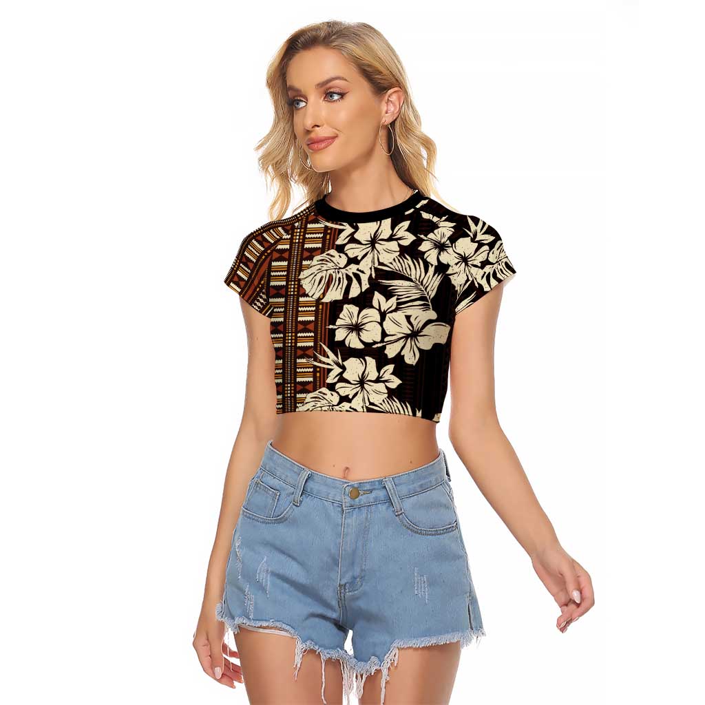Bula Fiji Masi Raglan Cropped T Shirt Tapa Tropical Hibiscus Half Stylized - Polynesian Pride
