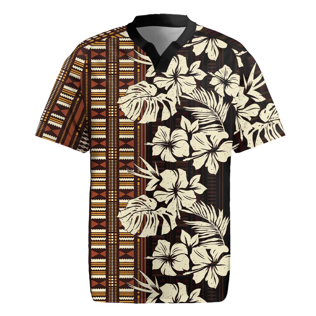 Bula Fiji Masi Rugby Jersey Tapa Tropical Hibiscus Half Stylized - Polynesian Pride
