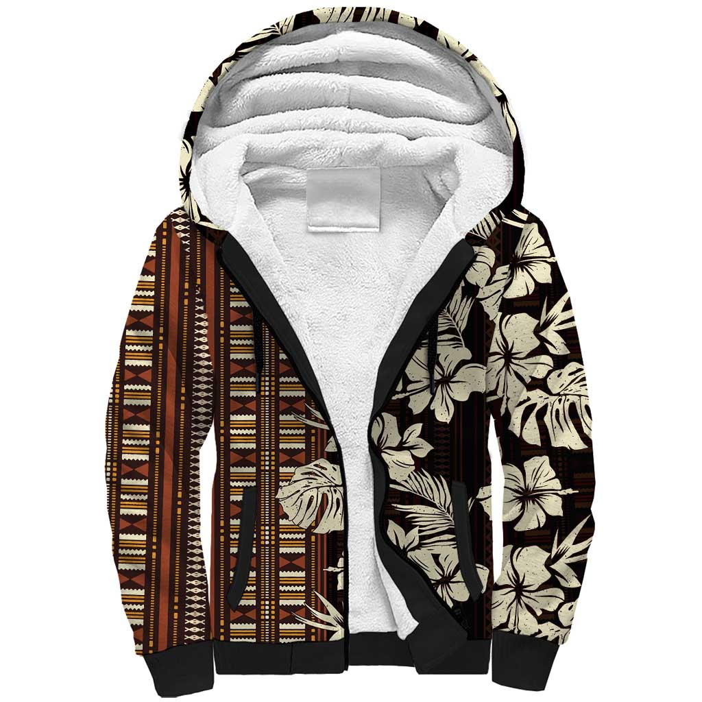Bula Fiji Masi Sherpa Hoodie Tapa Tropical Hibiscus Half Stylized - Polynesian Pride
