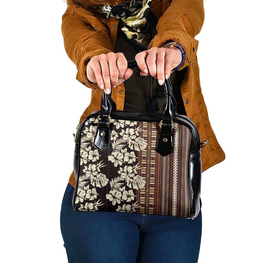Bula Fiji Masi Shoulder Handbag Tapa Tropical Hibiscus Half Stylized LT14 One Size Brown - Polynesian Pride