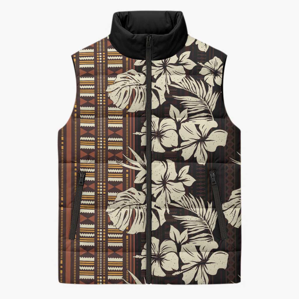 Bula Fiji Masi Sleeveless Puffer Jacket Tapa Tropical Hibiscus Half Stylized LT14 Unisex Brown - Polynesian Pride