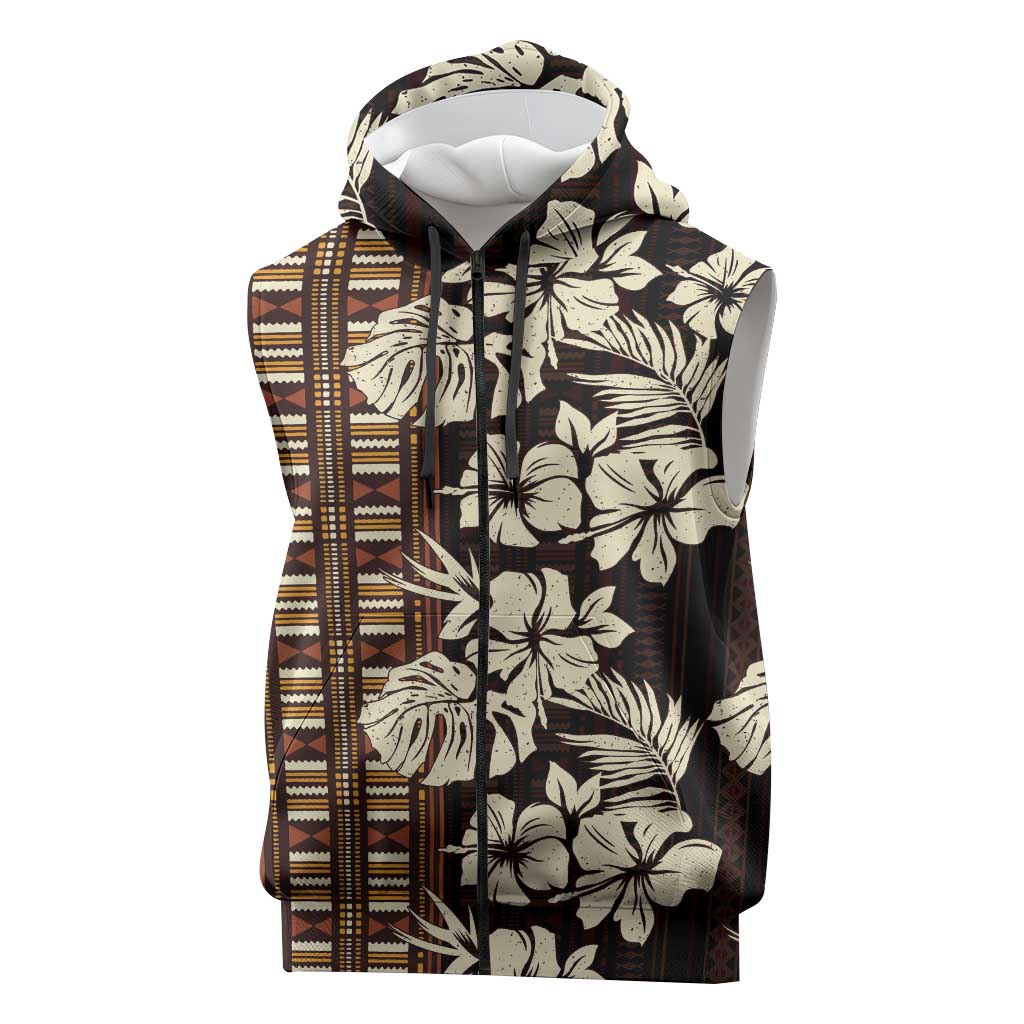 Bula Fiji Masi Sleeveless Zip Hoodie Tapa Tropical Hibiscus Half Stylized LT14 Brown - Polynesian Pride