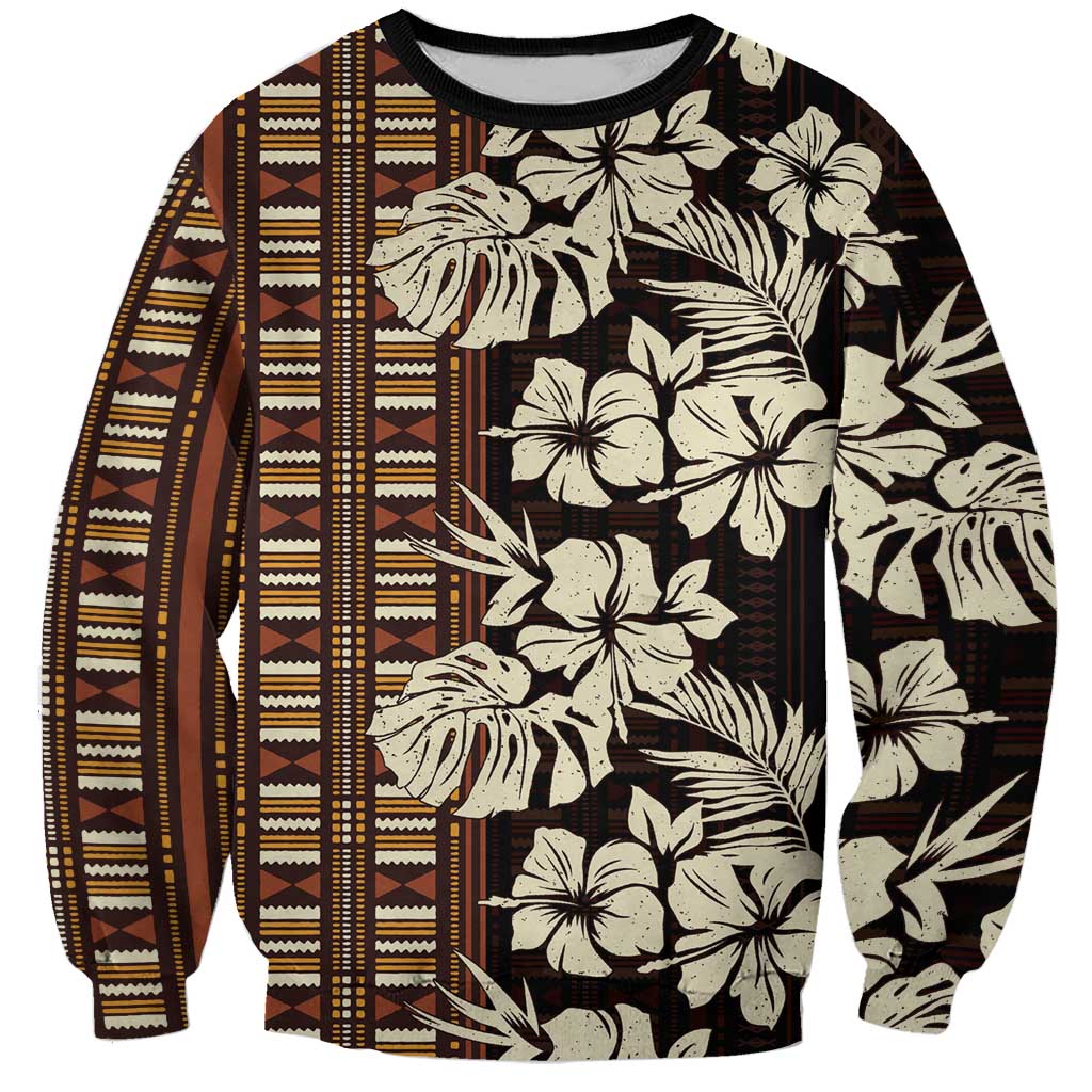 Bula Fiji Masi Sweatshirt Tapa Tropical Hibiscus Half Stylized LT14 Unisex Brown - Polynesian Pride
