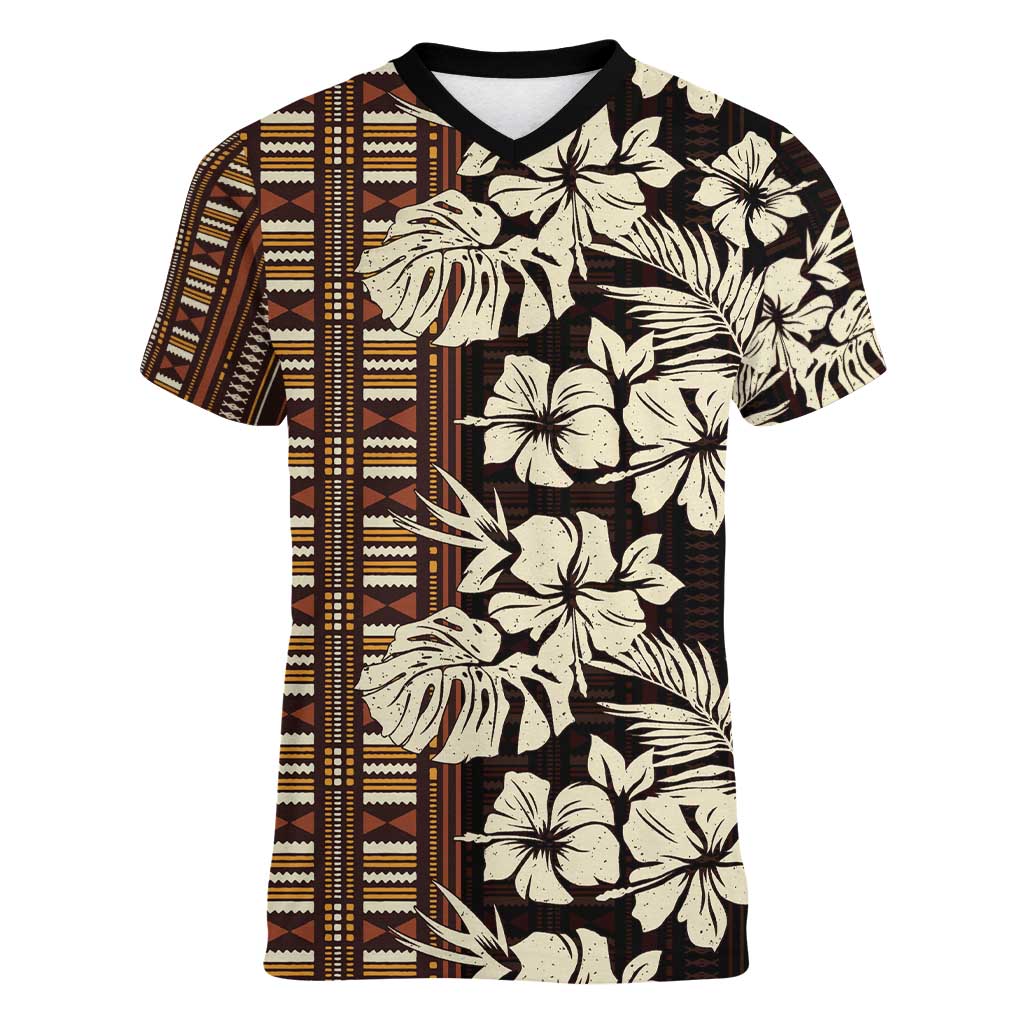 Bula Fiji Masi Women V-Neck T-Shirt Tapa Tropical Hibiscus Half Stylized LT14 Female Brown - Polynesian Pride