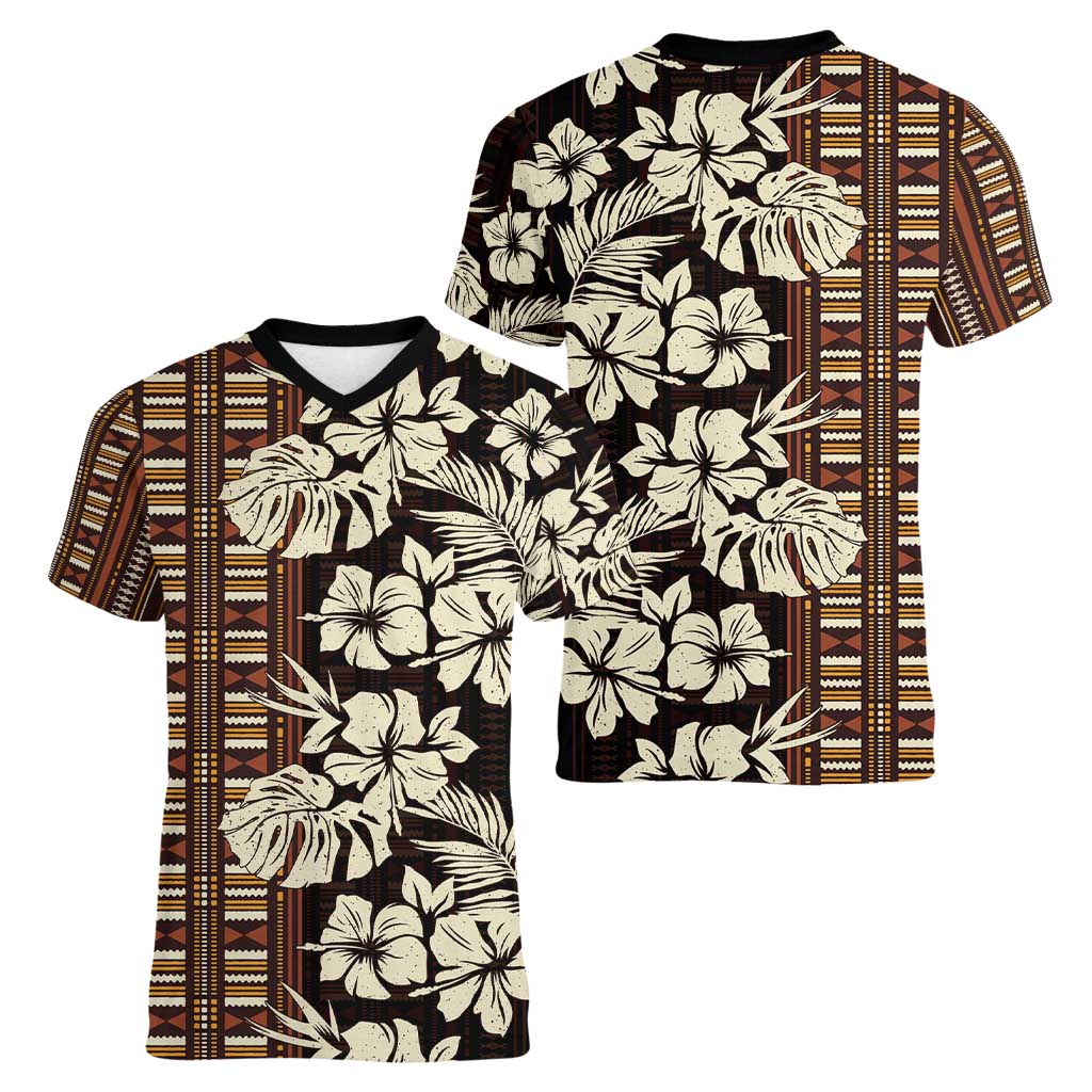 Bula Fiji Masi Women V-Neck T-Shirt Tapa Tropical Hibiscus Half Stylized LT14 - Polynesian Pride