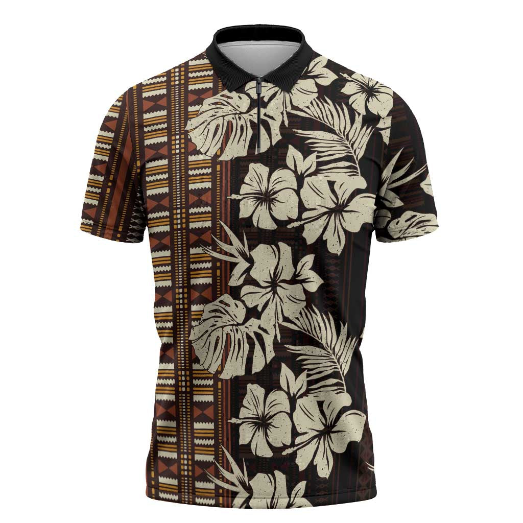 Bula Fiji Masi Zipper Polo Shirt Tapa Tropical Hibiscus Half Stylized LT14 Brown - Polynesian Pride
