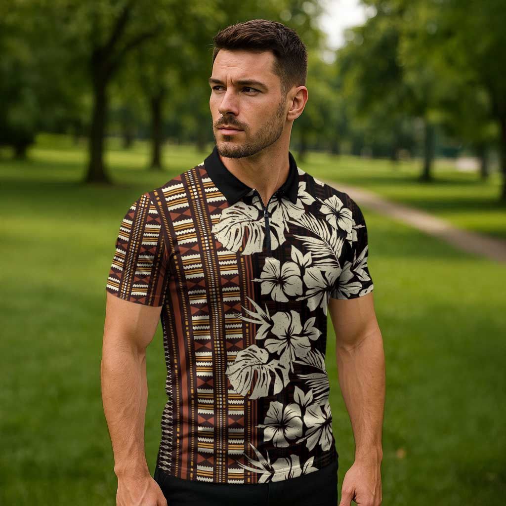 Bula Fiji Masi Zipper Polo Shirt Tapa Tropical Hibiscus Half Stylized LT14 - Polynesian Pride