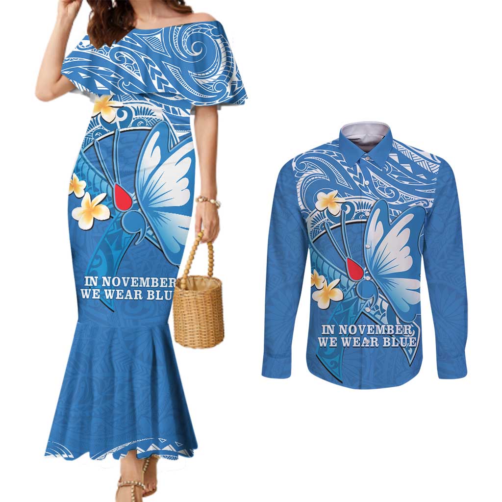 Polynesia Diabetes Awareness Month Couples Matching Mermaid Dress and Long Sleeve Button Shirt In November We Wear Blue