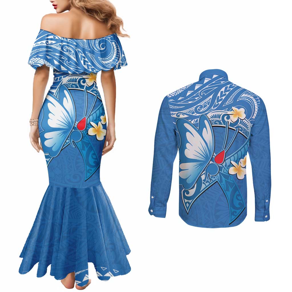 Polynesia Diabetes Awareness Month Couples Matching Mermaid Dress and Long Sleeve Button Shirt In November We Wear Blue