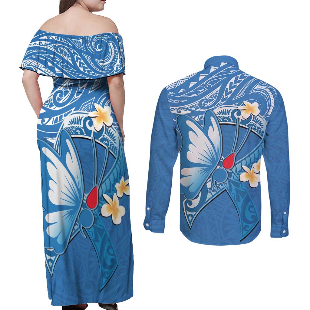 Polynesia Diabetes Awareness Month Couples Matching Off Shoulder Maxi Dress and Long Sleeve Button Shirt In November We Wear Blue