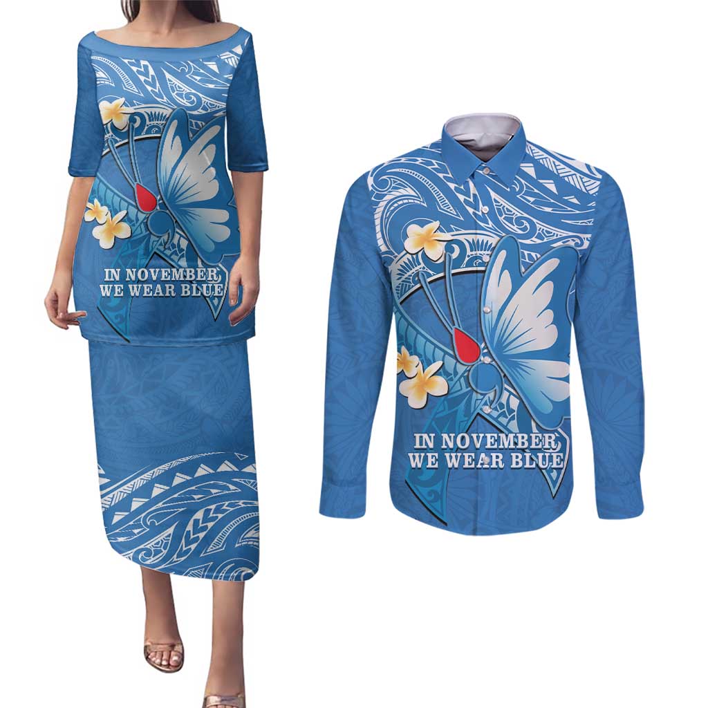 Polynesia Diabetes Awareness Month Couples Matching Puletasi and Long Sleeve Button Shirt In November We Wear Blue