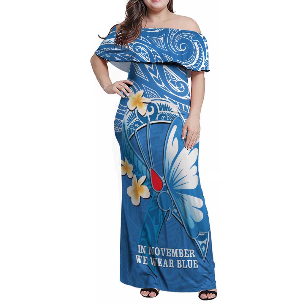 Polynesia Diabetes Awareness Month Family Matching Off Shoulder Maxi Dress and Hawaiian Shirt In November We Wear Blue