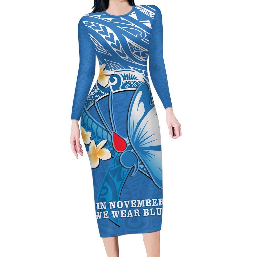 Polynesia Diabetes Awareness Month Long Sleeve Bodycon Dress In November We Wear Blue LT14 Long Dress Blue - Polynesian Pride