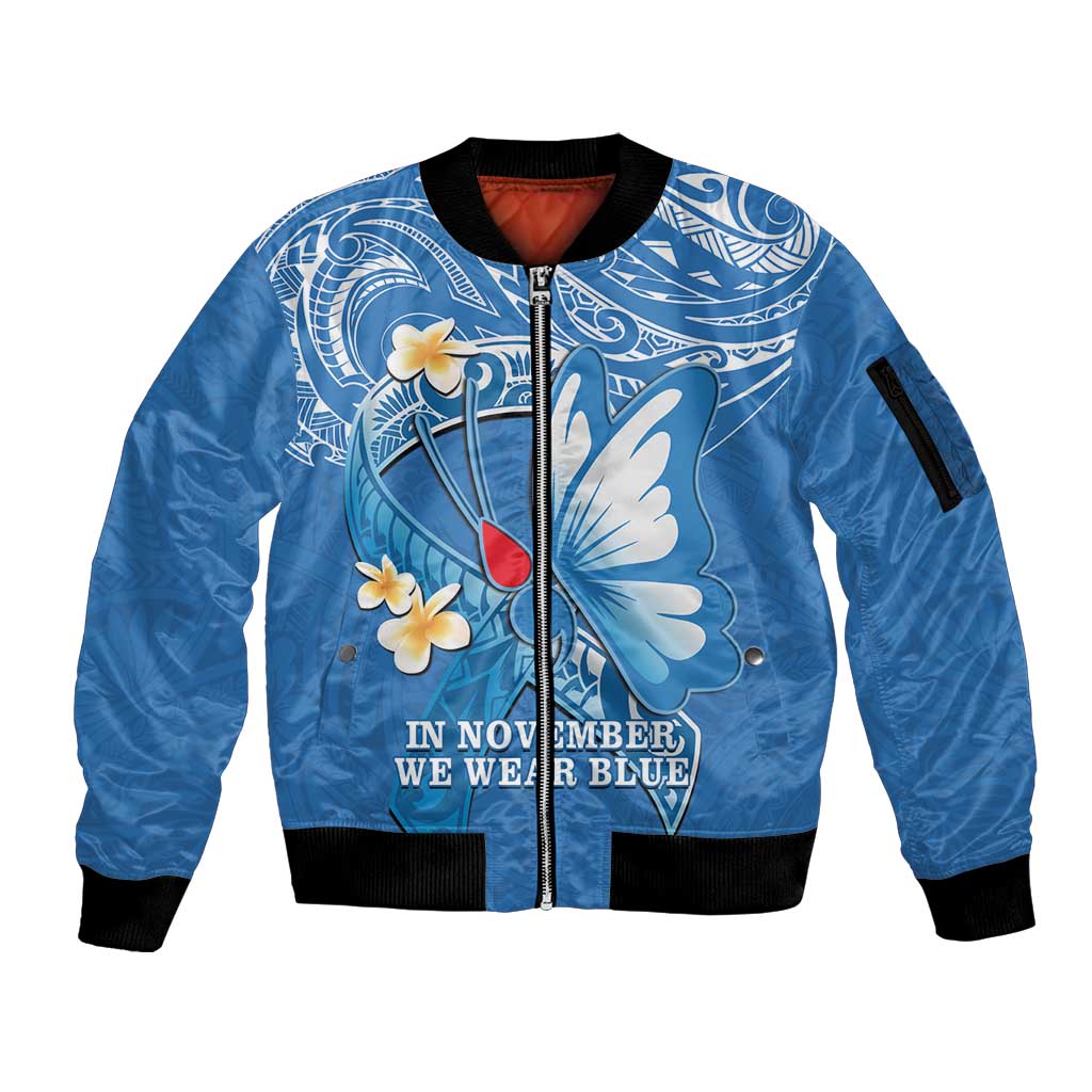 Polynesia Diabetes Awareness Month Sleeve Zip Bomber Jacket In November We Wear Blue LT14 Unisex Blue - Polynesian Pride