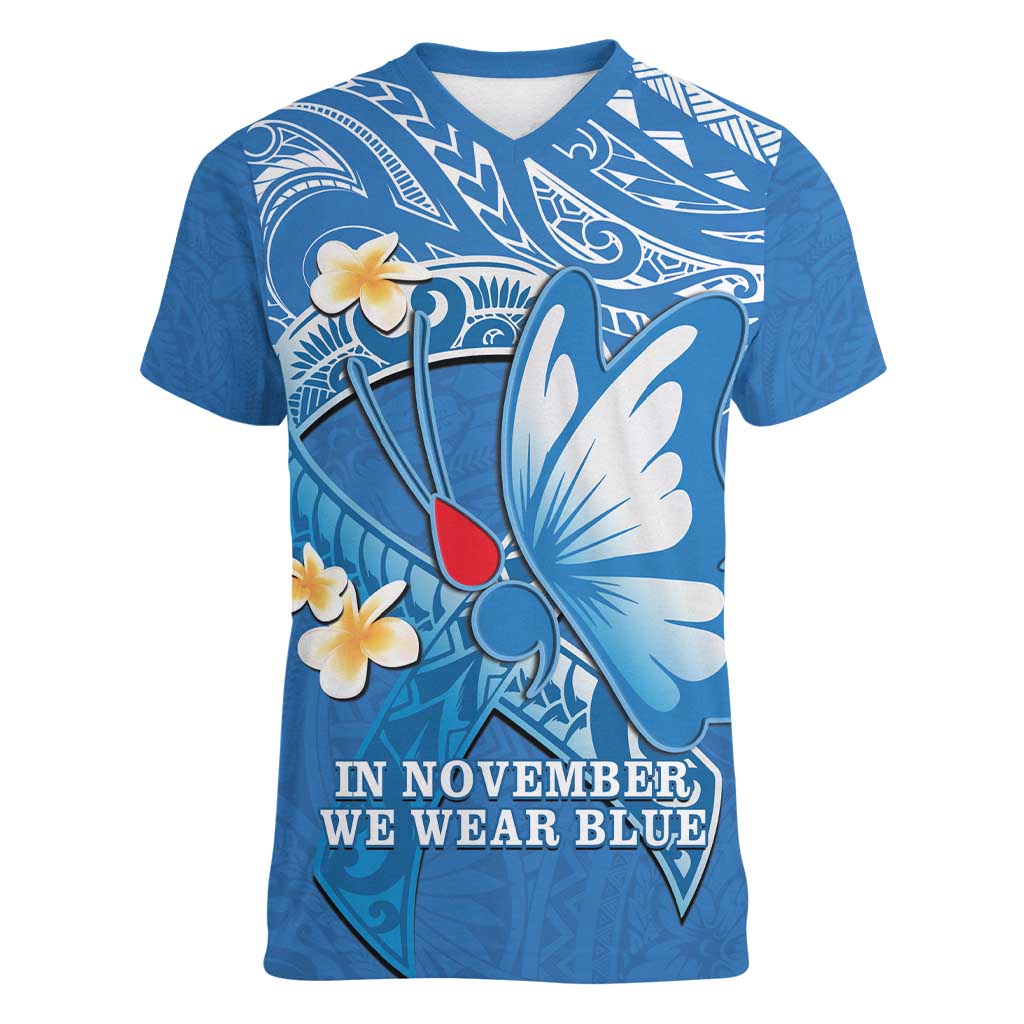Polynesia Diabetes Awareness Month Women V-Neck T-Shirt In November We Wear Blue