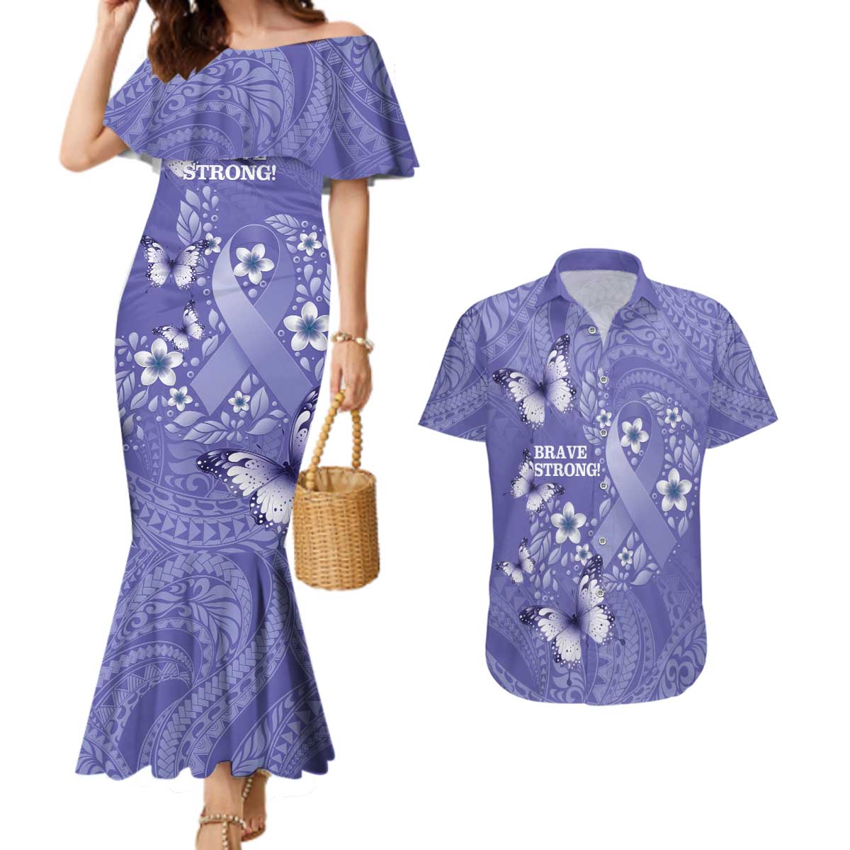 Polynesia Stomach Cancer Awareness Couples Matching Mermaid Dress and Hawaiian Shirt Periwinkle Ribbon Brave Strong! LT14 Periwinkle - Polynesian Pride
