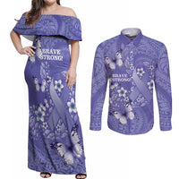 Polynesia Stomach Cancer Awareness Couples Matching Off Shoulder Maxi Dress and Long Sleeve Button Shirt Periwinkle Ribbon Brave Strong!