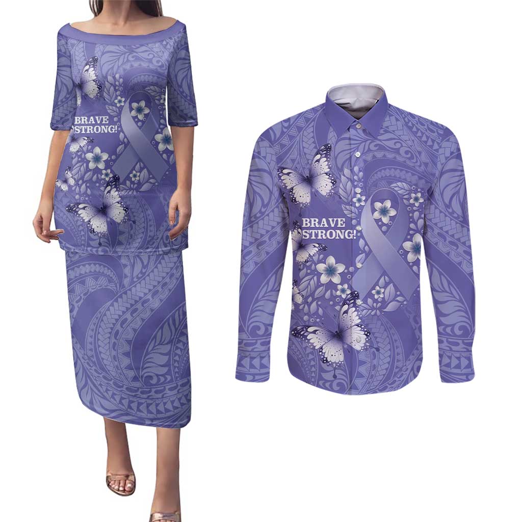 Polynesia Stomach Cancer Awareness Couples Matching Puletasi and Long Sleeve Button Shirt Periwinkle Ribbon Brave Strong! LT14 Periwinkle - Polynesian Pride