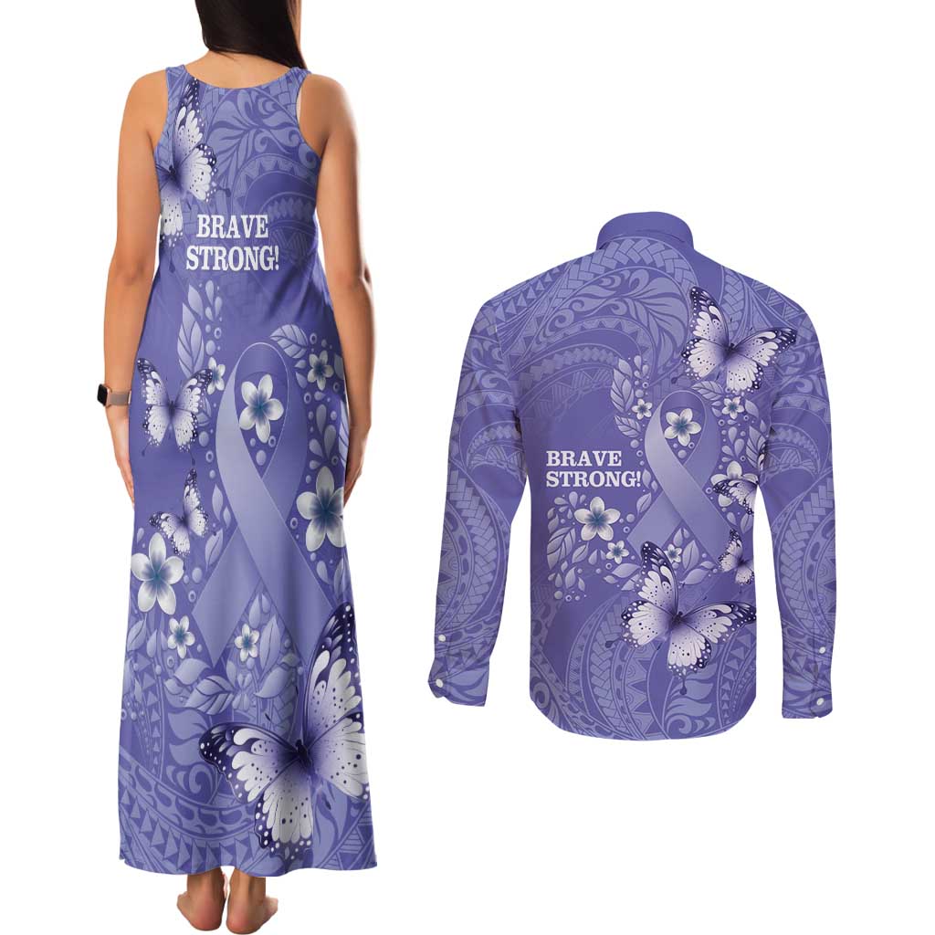 Polynesia Stomach Cancer Awareness Couples Matching Tank Maxi Dress and Long Sleeve Button Shirt Periwinkle Ribbon Brave Strong!