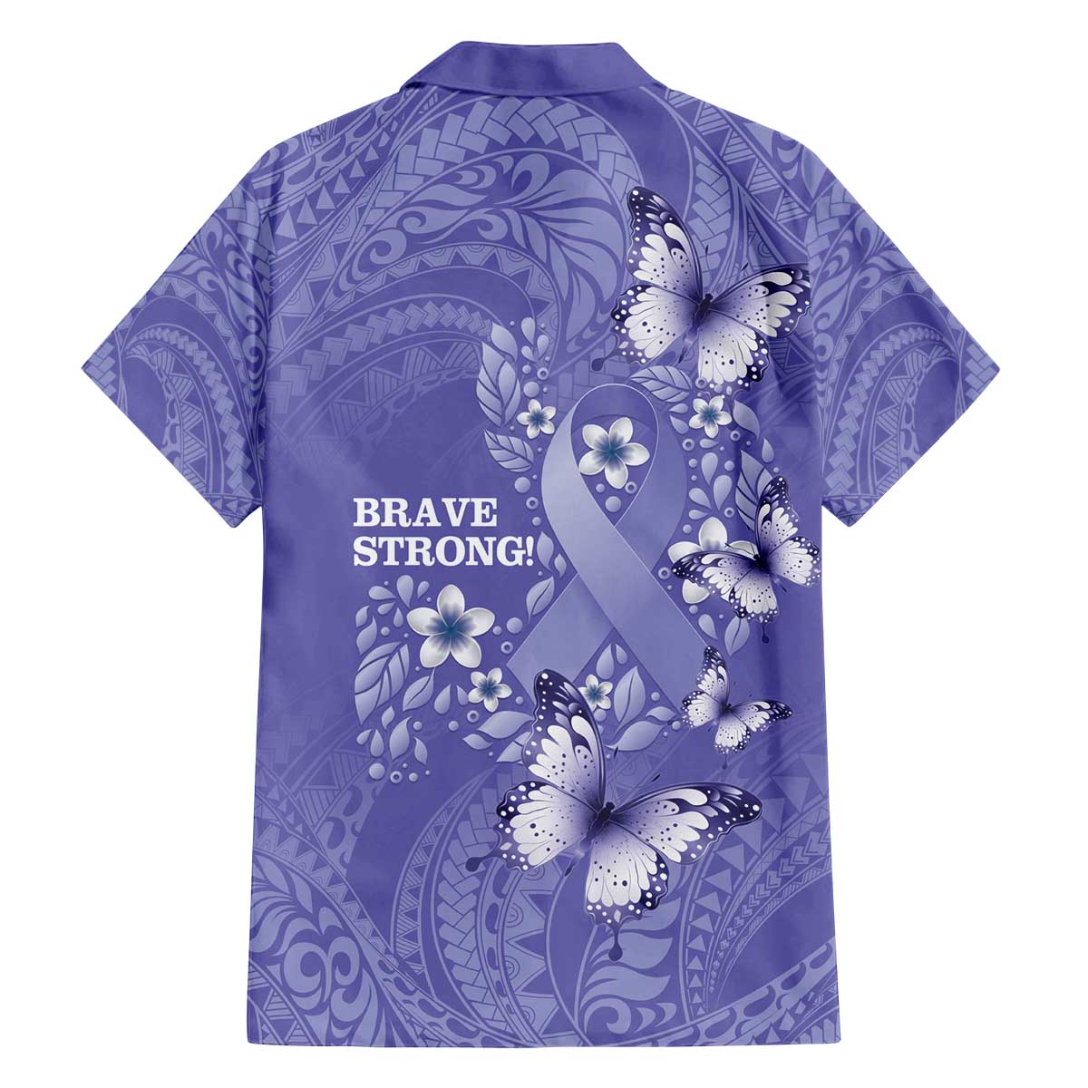 Polynesia Stomach Cancer Awareness Family Matching Off The Shoulder Long Sleeve Dress and Hawaiian Shirt Periwinkle Ribbon Brave Strong!