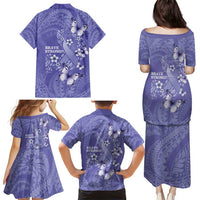 Polynesia Stomach Cancer Awareness Family Matching Puletasi and Hawaiian Shirt Periwinkle Ribbon Brave Strong!