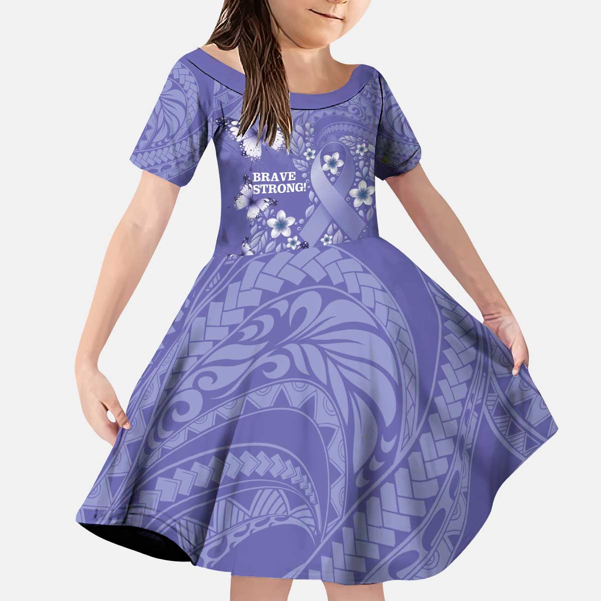 Polynesia Stomach Cancer Awareness Kid Short Sleeve Dress Periwinkle Ribbon Brave Strong! LT14 KID Periwinkle - Polynesian Pride