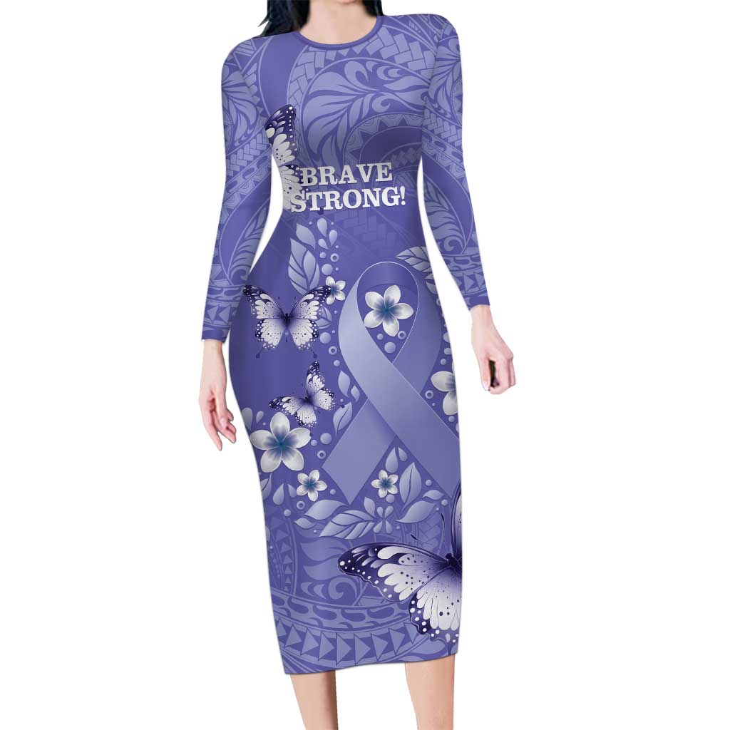 Polynesia Stomach Cancer Awareness Long Sleeve Bodycon Dress Periwinkle Ribbon Brave Strong! LT14 Long Dress Periwinkle - Polynesian Pride