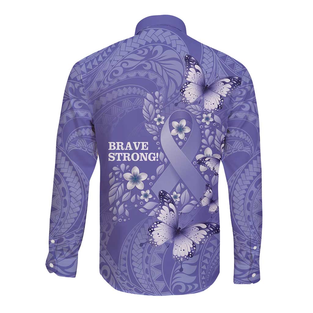 Polynesia Stomach Cancer Awareness Long Sleeve Button Shirt Periwinkle Ribbon Brave Strong!