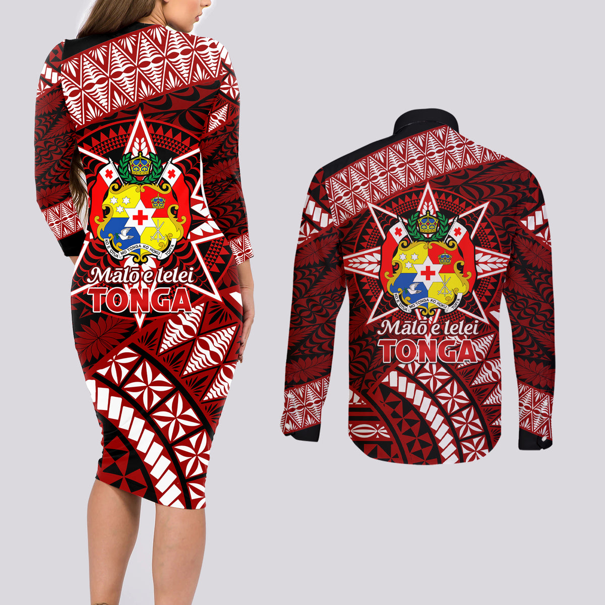 Malo e lelei Tonga Couples Matching Long Sleeve Bodycon Dress and Long Sleeve Button Shirt Tongan Ngatu Pattern Red Version LT14 - Polynesian Pride