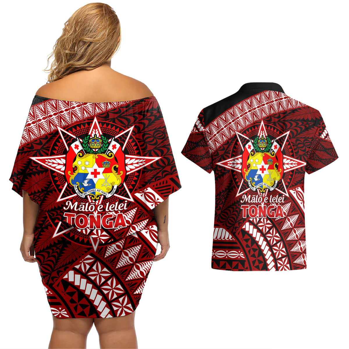 Malo e lelei Tonga Couples Matching Off Shoulder Short Dress and Hawaiian Shirt Tongan Ngatu Pattern Red Version LT14 - Polynesian Pride