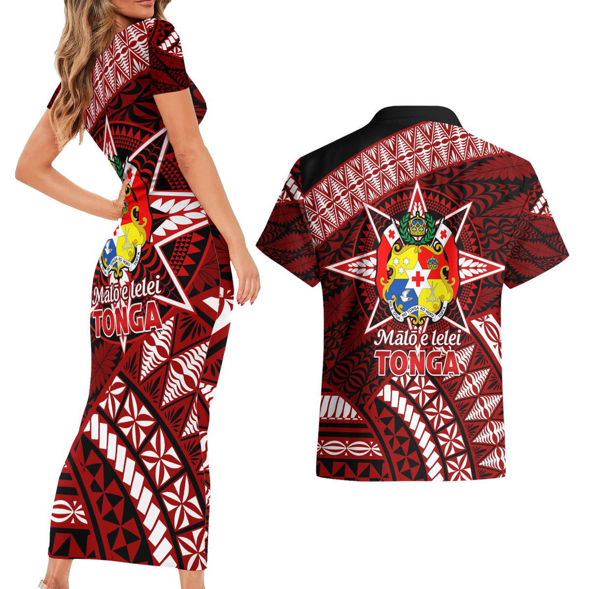 Malo e lelei Tonga Couples Matching Short Sleeve Bodycon Dress and Hawaiian Shirt Tongan Ngatu Pattern Red Version LT14 - Polynesian Pride