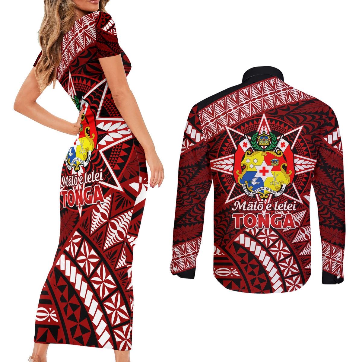 Malo e lelei Tonga Couples Matching Short Sleeve Bodycon Dress and Long Sleeve Button Shirt Tongan Ngatu Pattern Red Version LT14 - Polynesian Pride