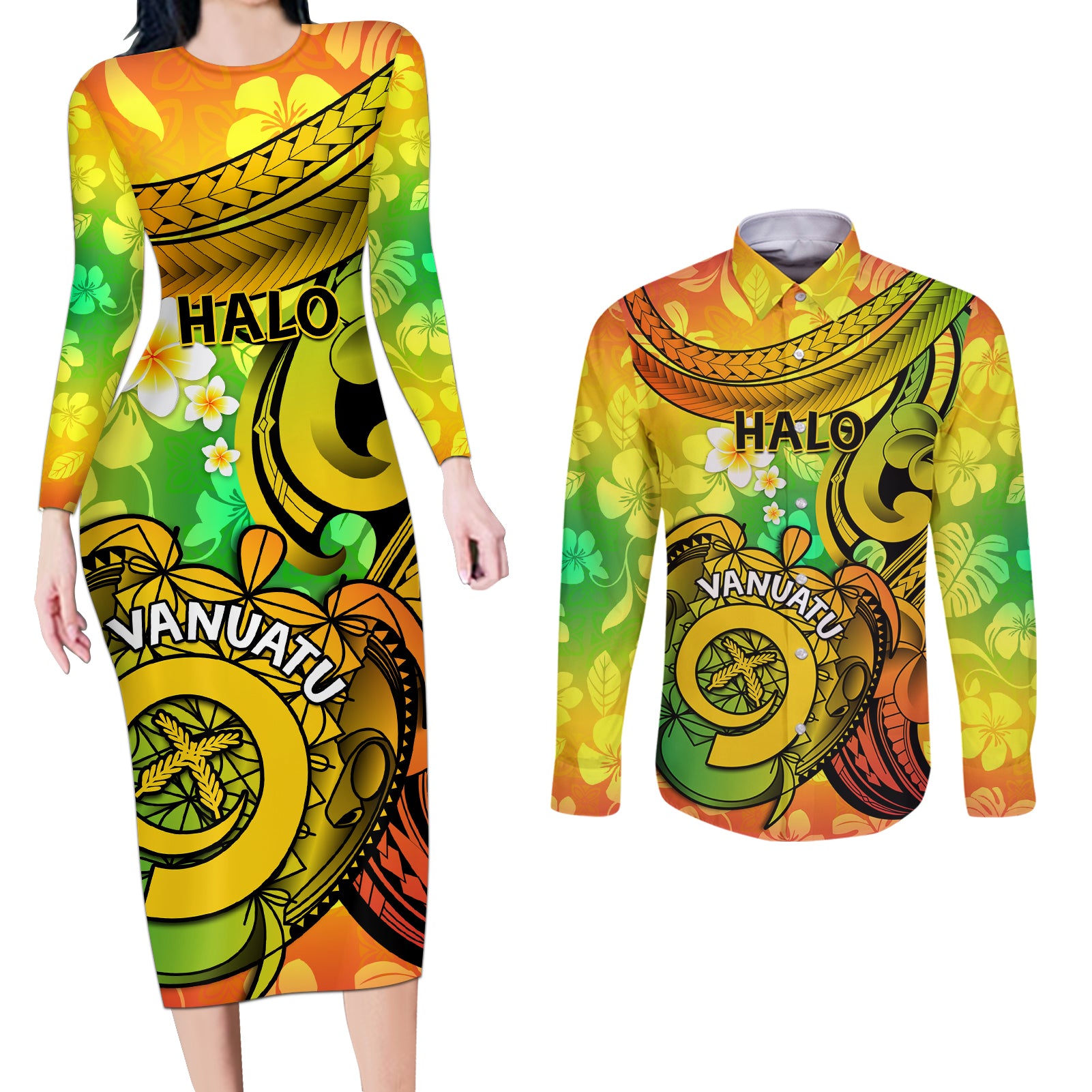 Halo Vanuatu Couples Matching Long Sleeve Bodycon Dress and Long Sleeve Button Shirt Sand Drawing Turtle Polynesian Tropical Flowers LT14 Reggae - Polynesian Pride