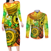 Halo Vanuatu Couples Matching Long Sleeve Bodycon Dress and Long Sleeve Button Shirt Sand Drawing Turtle Polynesian Tropical Flowers LT14 Reggae - Polynesian Pride