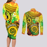 Halo Vanuatu Couples Matching Long Sleeve Bodycon Dress and Long Sleeve Button Shirt Sand Drawing Turtle Polynesian Tropical Flowers LT14 - Polynesian Pride