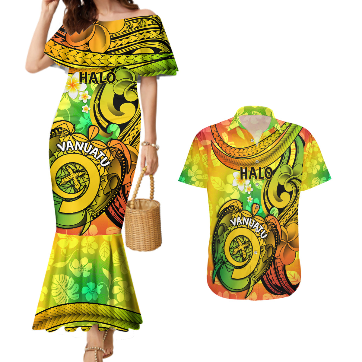 Halo Vanuatu Couples Matching Mermaid Dress and Hawaiian Shirt Sand Drawing Turtle Polynesian Tropical Flowers LT14 Reggae - Polynesian Pride