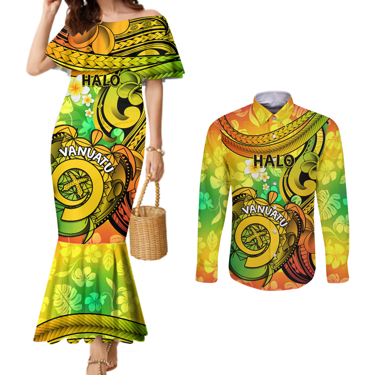 Halo Vanuatu Couples Matching Mermaid Dress and Long Sleeve Button Shirt Sand Drawing Turtle Polynesian Tropical Flowers LT14 Reggae - Polynesian Pride
